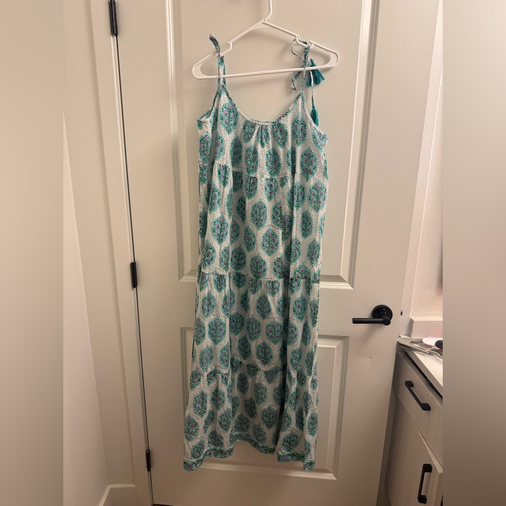 Sur La Vague Teal and White Patterned Tie-Strap Maxi Dress 100% Cotton